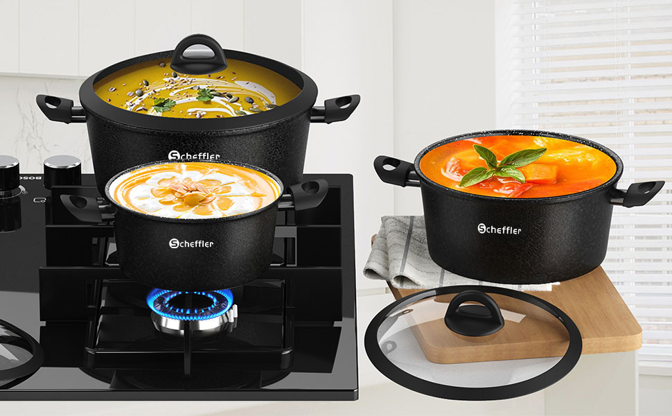 Набір каструль Scheffler 15 предметів з антипригарним покриттям для індукційних плит, чорний (HL-21PS102)