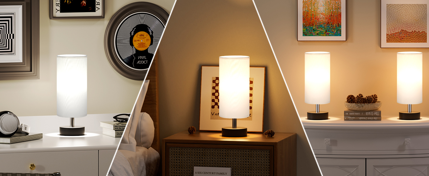 Нічна лампа Kakanuo з 3 колірними температурами, біла, з вимикачем, абажур з льону, для вітальні, спальні, офісу, дитячої кімнати (LED лампа в комплекті), колір A-білий+чорний