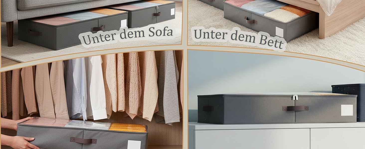 Коробки для зберігання під ліжком, 2 шт. з боковими стійками, сірі. Підходять для постільної білизни, одягу та ковдр.