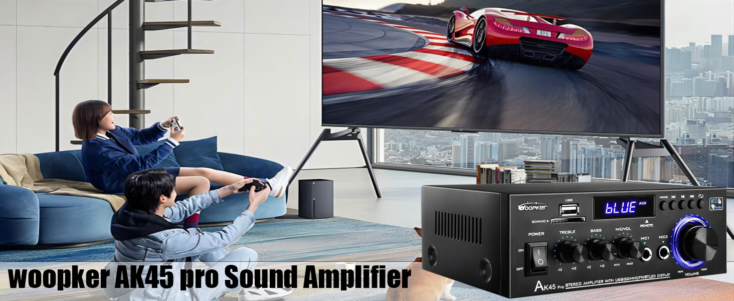 AK45 Pro HiFi підсилювач WOOPKER Mini, 500Вт, 2-канальний, Bluetooth, HiFi стерео з FM-радіо, USB, SD, RCA, MIC, аудіо ресивер для дому та авто