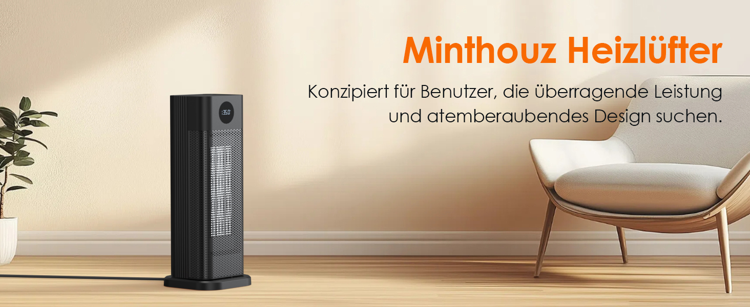 Електричний обігрівач Minthouz: 2000W, PTC кераміка, 3 режими, термостат, пульт, LED-дисплей, таймер 12H, осциляція 70°, для дому та офісу