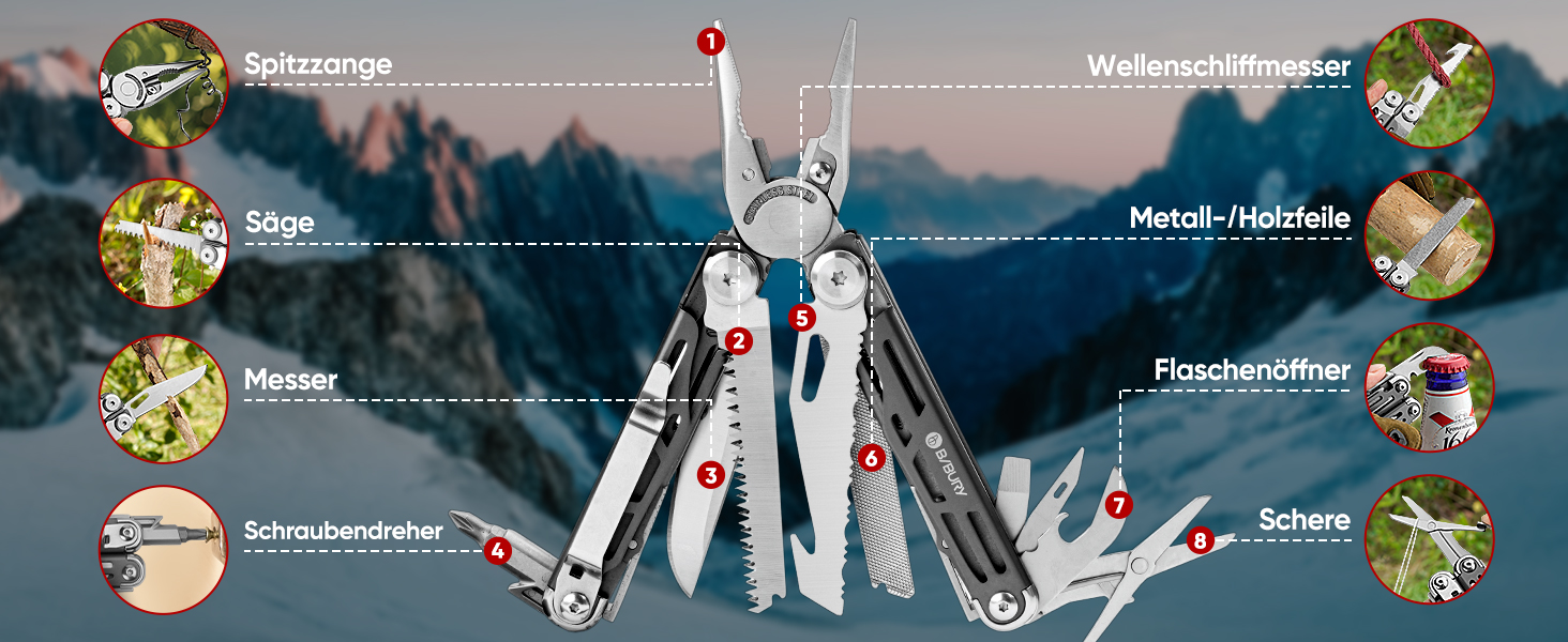 Мультитул BIBURY 19 в 1 з нержавіючої сталі: мультиінструмент з плоскогубцями, ножем, ножицями, викрутками. Ідеальний подарунок для чоловіків для відпочинку на природі, кемпінгу та ремонту.