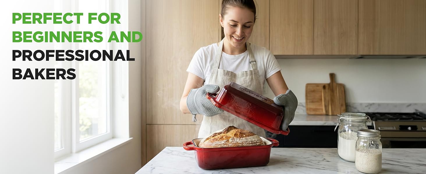 Форма для випічки хліба NutriChef чавунна емальована з кришкою 22.9 см, червона + рукавиці