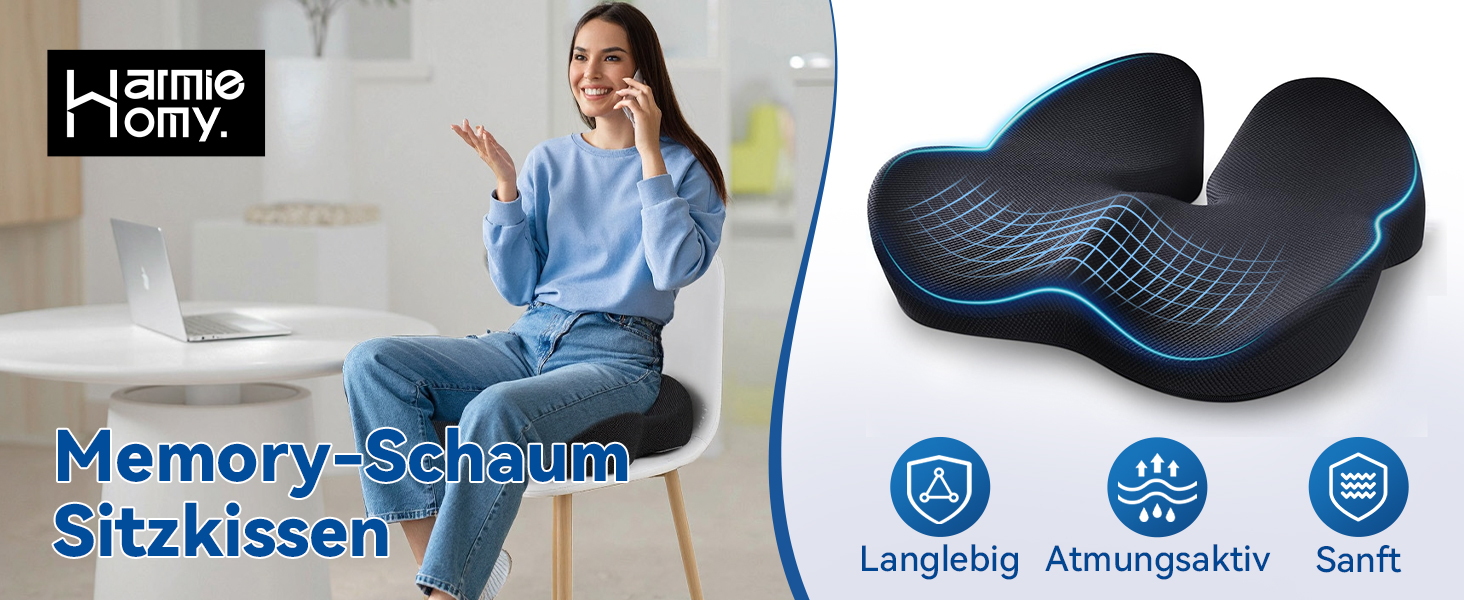 Подушка ортопедична для сидіння Warmiehomy з піни Memory Foam для офісного крісла, автомобіля, при геморої та болях в куприку 38.5x45.5x11.5 см