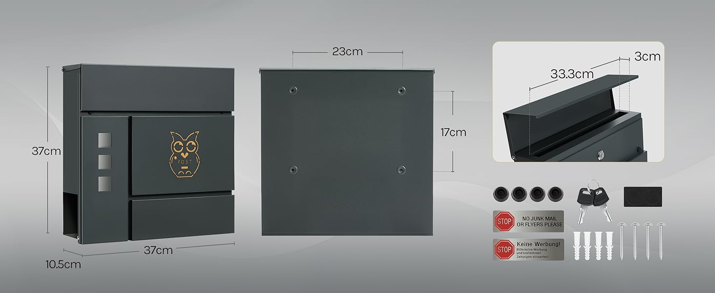 Поштова скринька WOLTU XXL з газетницею, оглядовим вікном, замком та 2 ключами, антрацит+жовтий (10,5x37x37 см)