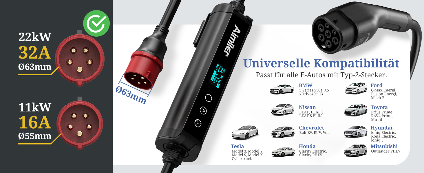 Wallbox 11 кВт з додатком, 400V (8-16A) трифазний, мобільна зарядка 7M, кабель CEE Typ 2, IP66, OLED, для електромобілів Model Y/3, ID.3/4/5, MG4, Zoe та інших PHEV/EV, 22 кВт, 32A, CE&TÜV