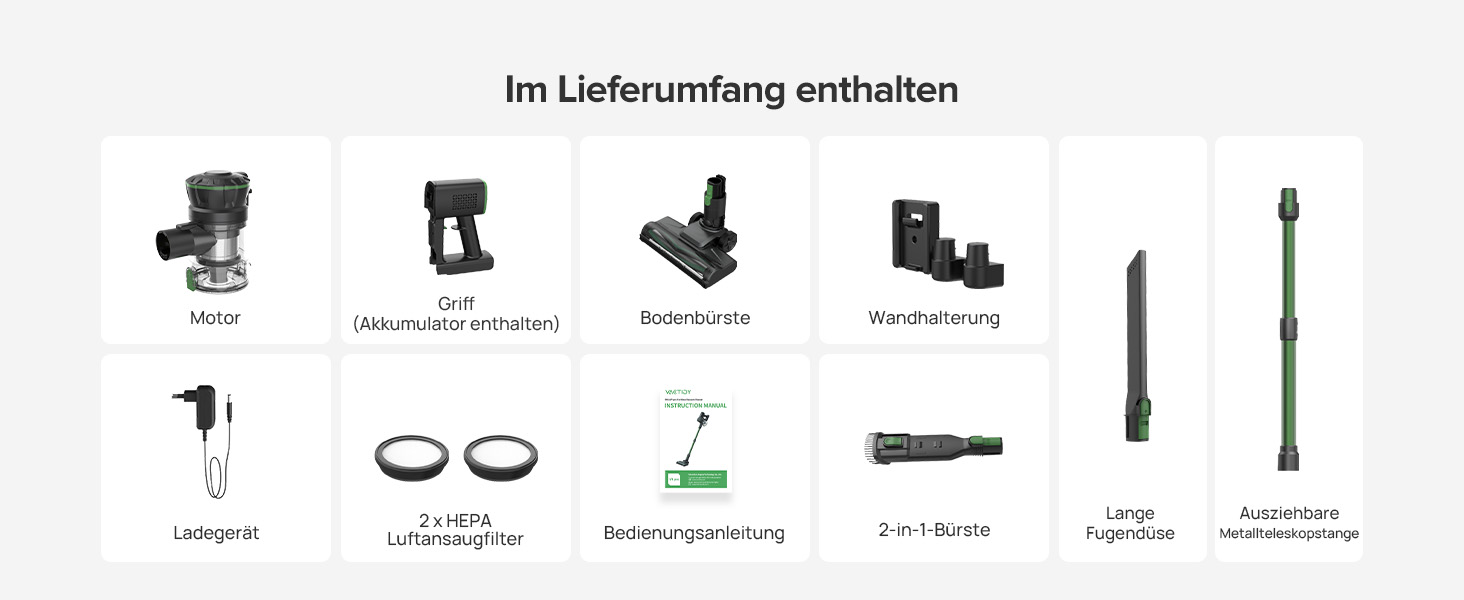 Бездротовий пилосос Vexilar Akku: 60 хвилин роботи, 45 kPa, 550 W, безщітковий мотор, LED дисплей, 6-в-1, тихий, для дому/авто, тверді підлоги, килими, шерсть тварин, зелений
