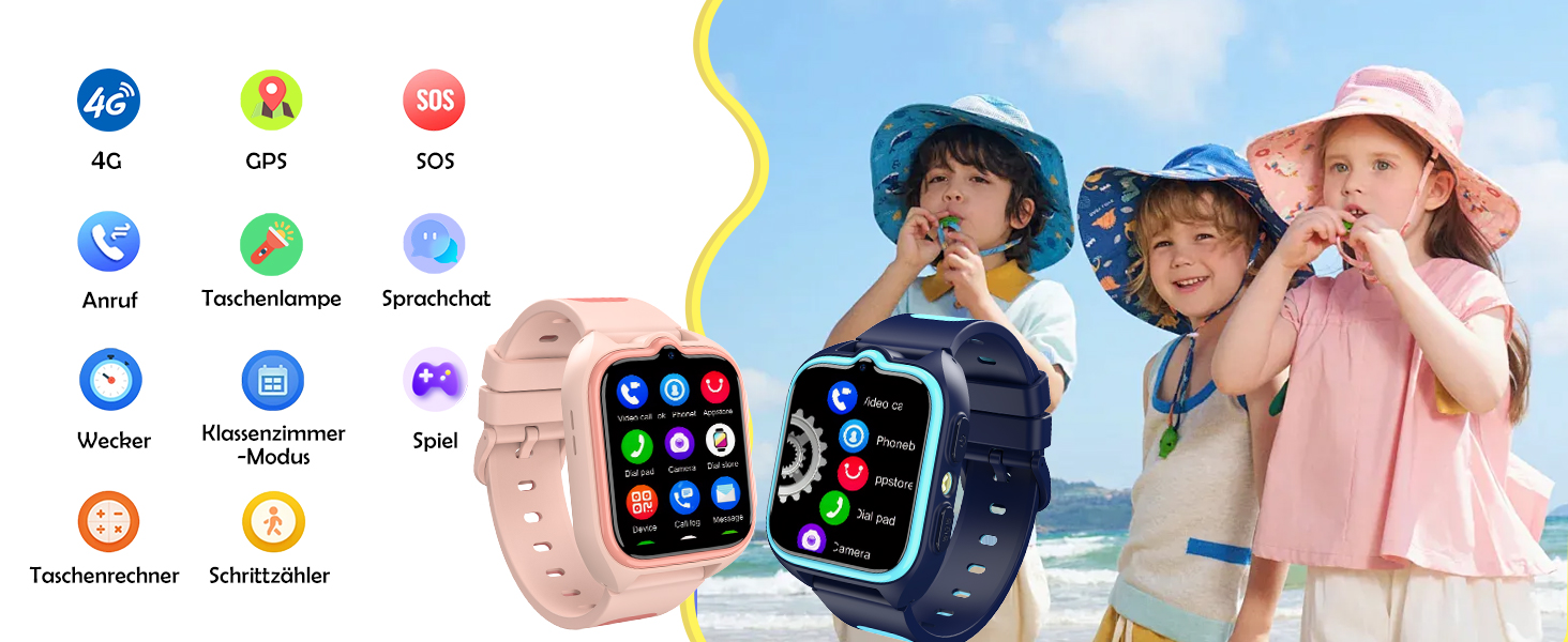 Дитячий розумний годинник з SIM-карткою, GPS-трекер, SOS, 4G, ліхтарик, IP67, для дівчаток та хлопчиків, блакитний