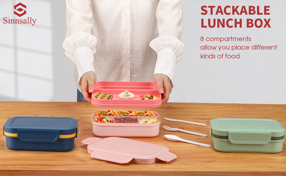 Ланчбокс для дорослих Sinnsally 2000 мл з відділеннями, бенто-бокс, ланчбокс з посудом, виготовлений з екологічно чистих матеріалів, зелений (рожевий)
