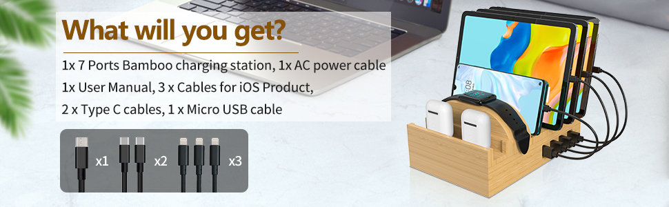 Багатофункціональна заряджна станція 5-в-1 з бездротовою зарядкою, світлом та годинником, бамбук, сумісна з годинниками, AirPods, Samsung Galaxy та іншими пристроями