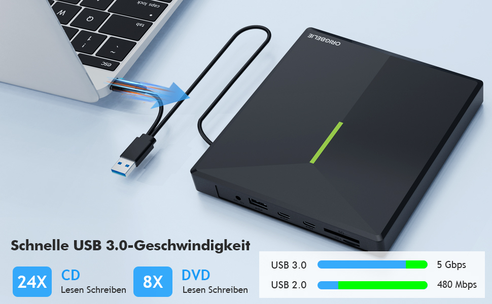 Зовнішній DVD/CD привід ORIGBELIE з 4 USB-портами та 2 слотами для TF/SD карт, USB 3.0, портативний для ноутбука, MacBook, PC (Windows, Linux, Mac OS)
