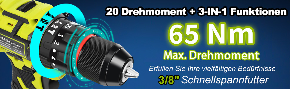 Акумуляторний шуруповерт 21V з набором 46 предметів: безщітковий дриль-шуруповерт, 2 акумулятори 2000 mAh, патрон 3/8', 20+3 ступені крутного моменту, до 65 Н.м, LED-ліхтар, 2 швидкості, аксесуари для електроінструментів