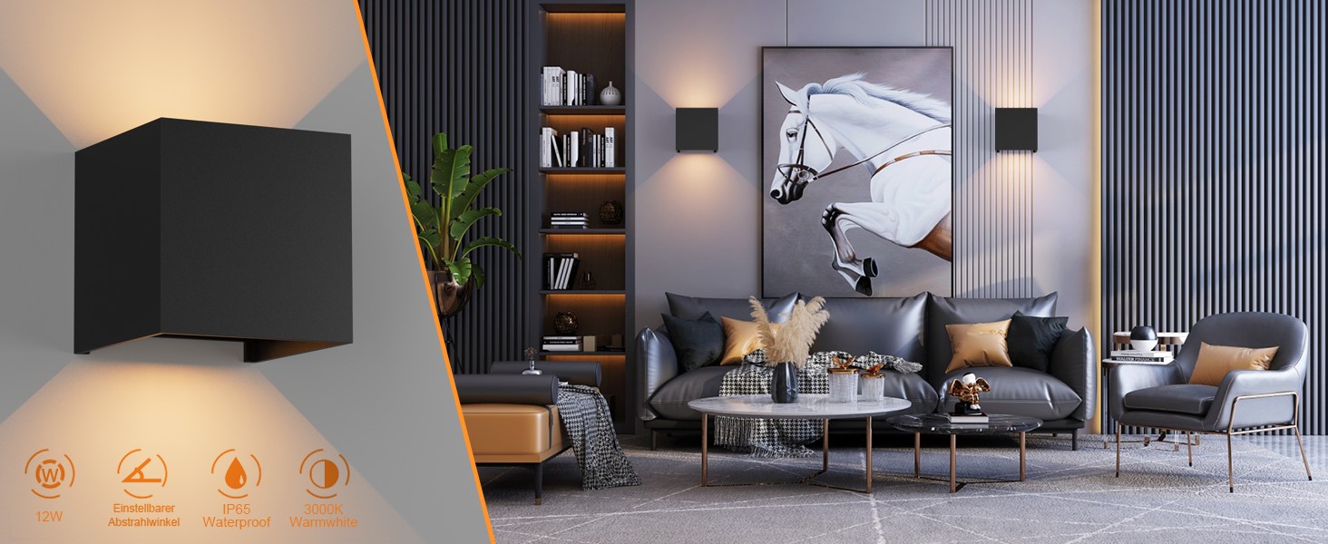Klighten LED вуличне освітлення 2 шт. 7W, настінний світильник з регульованим світловим променем, тепле біле світло 3000K, IP65, вологозахист, чорний