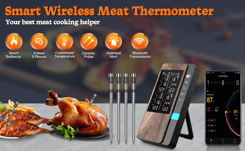 Беспроводний термометр для м'яса 4 шт. з Bluetooth, водонепроникний IP67, для приготування на грилі, в духовці, мангалі, ротатерії, фритюрниці