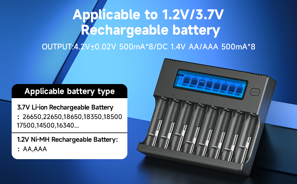 Інтелектуальна зарядка для акумуляторів 18650 з LCD-дисплеєм - 8 слотів, універсальна, з функцією розряду, для 18650, 26650, 16340, 21700, 14500, 17500, CR123A, AA/AAA
