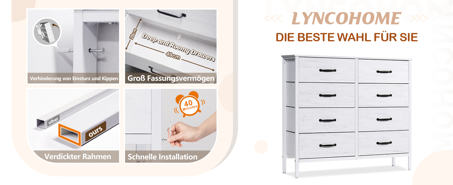 LYNCOHOME Chest of Drawers, Fabric Chest of Drawers, TV Stand Sideboard with 6 Fabric Drawers, Storage Cabinet Bedroom Drawer Chest Kitchen Organizers Furniture for Office Hallway (White-4*2l)