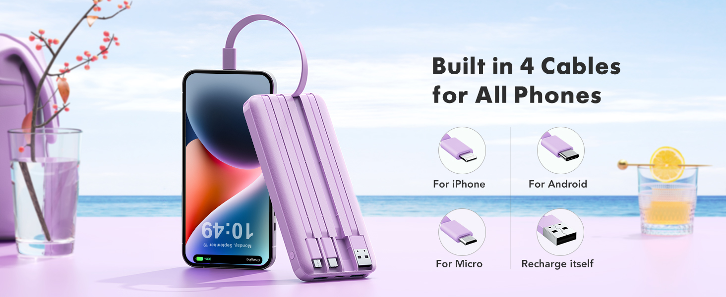 Power Bank Charmast 10000mAh з 6 виходами, USB-C, LED-дисплеєм та 4 кабелями (фіолетовий)