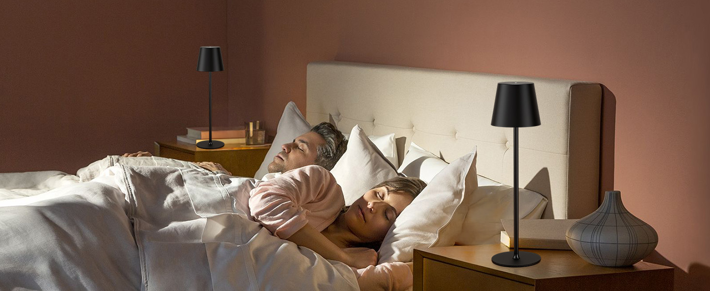 Набір з 2 бездротових настільних світильників LED з акумулятором, сенсорне регулювання яскравості, 3 режими кольору, USB-C зарядка для спальні, столу, кемпінгу (Чорний)