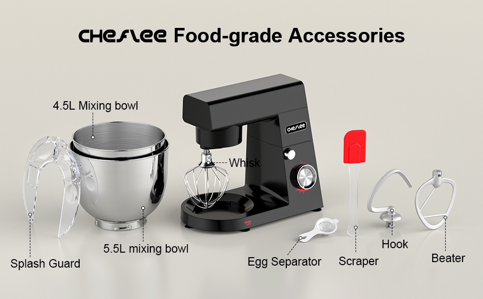 Кухонна машина Cheflee 1500W з чашами 4.5L та 5.5L з нержавіючої сталі, 10+ швидкостей, міксер з гаками для тіста та вінчиком, сплеск-захист (Чорний)