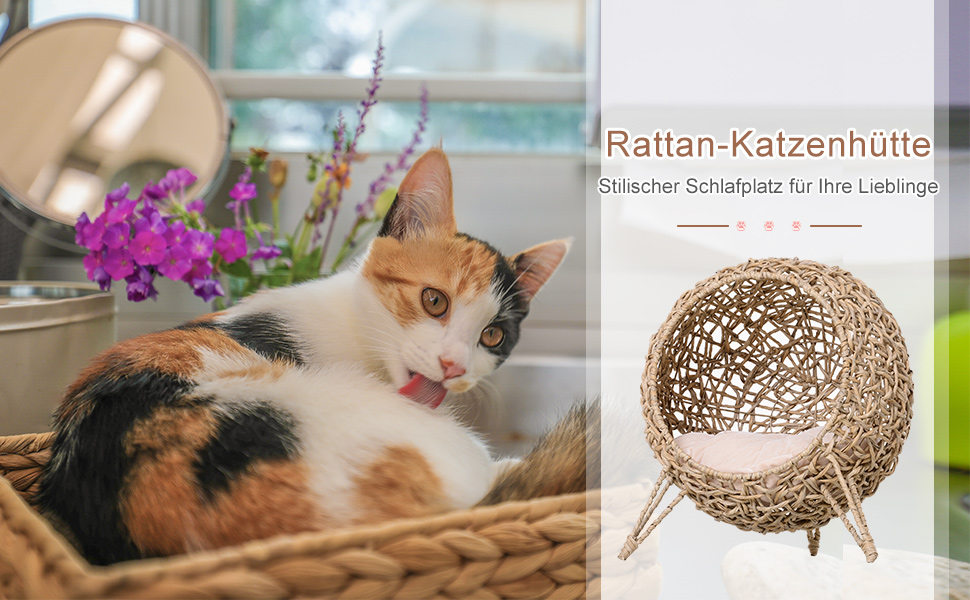 Будиночок для кота PawHut з ротангу з подушкою, котяча лежанка-ніша на підвищених ніжках, натуральний, Ø52 x 58 см