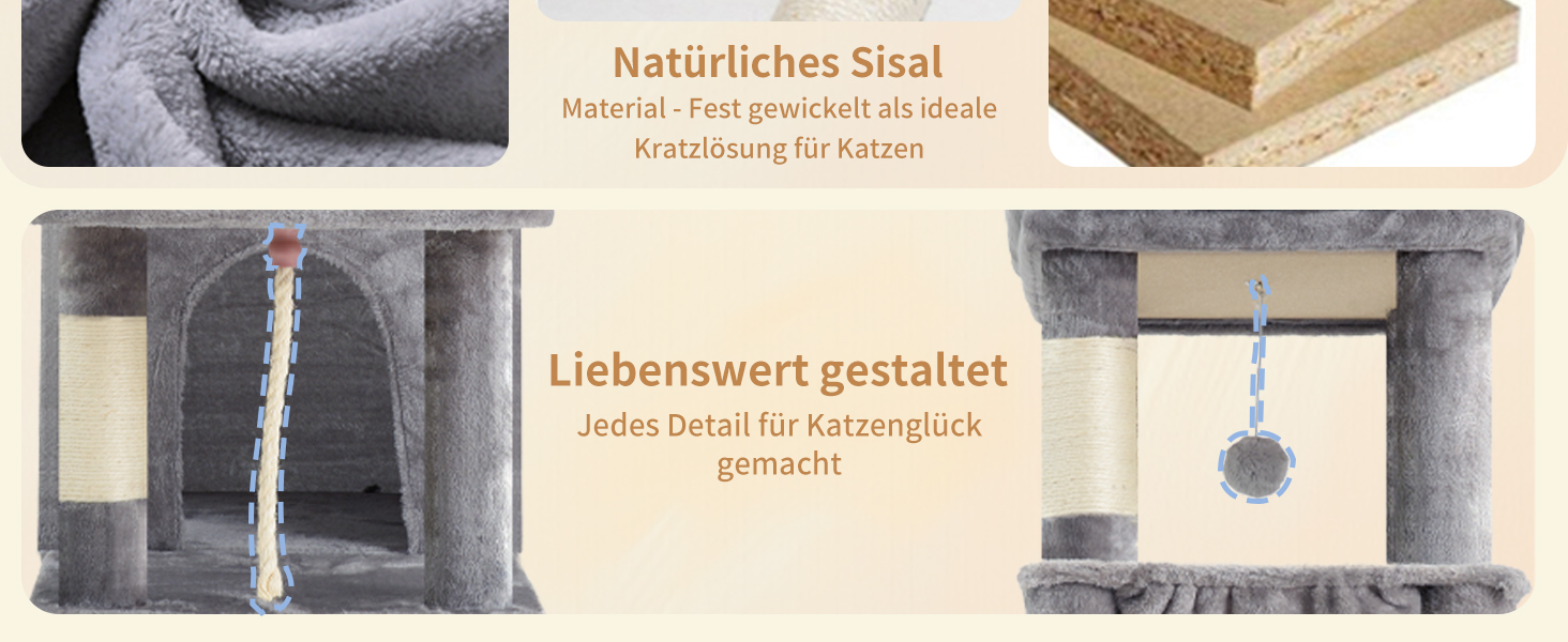 Дерев'яний будиночок для котів Heybly Kratzbaum 120см - великий котячий комплекс з міцною основою, багатоярусні м'які меблі, когтеточка, гамак та іграшка, сірий HCT026W