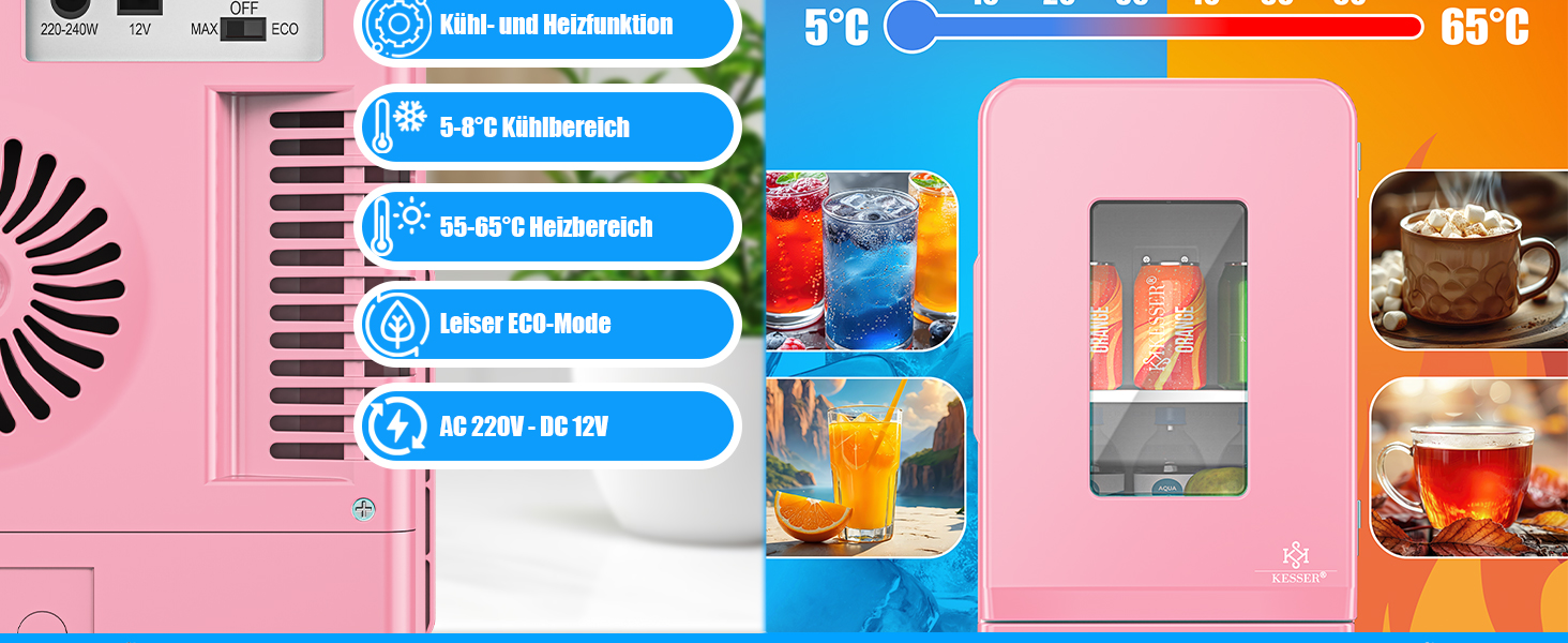 KESSER® Міні холодильник-термобокс 15L 2в1: охолодження та нагрівання, AC/DC, для авто, офісу, дому, кемпінгу (рожевий)