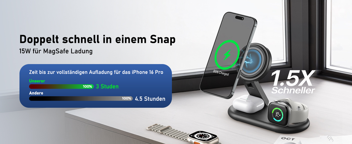 Портативна зарядная станція 3-в-1 для Apple Watch та iPhone з MagSafe, сумісна з iPhone 17, 16, 15, 14, 13, 12, AirPods Pro (біла)