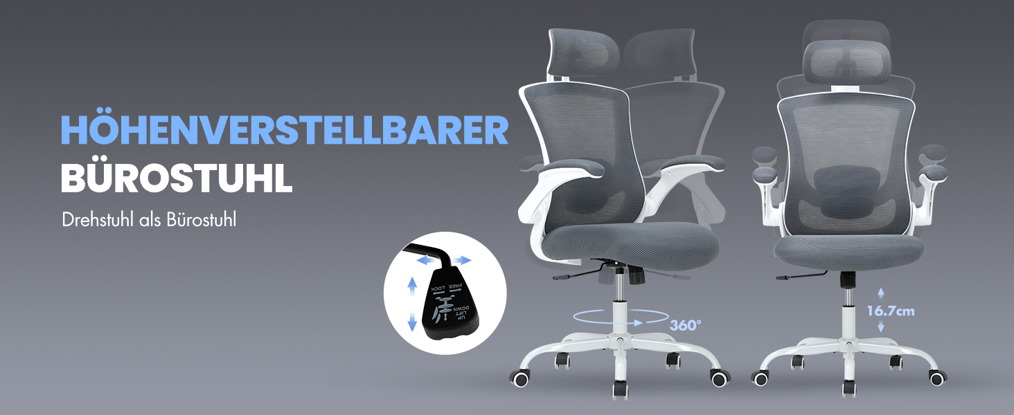 Офісне крісло Colamy з ергономічною підтримкою спини, регульованою підголівником та поперековою підтримкою, сітчасте, сірого кольору