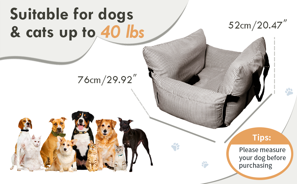 Автокрісло для собак маленьких та середніх порід до 18 кг, з ременями безпеки та кишенями для зберігання, антиковзаюча підкладка (морські смуги) (Коричневе, 76.2x52 см)