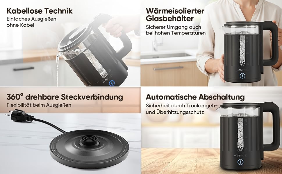 Електричний чайник Clatronic WK 3837: 1,7 л, скло, BPA Free, з підсвічуванням, для дому