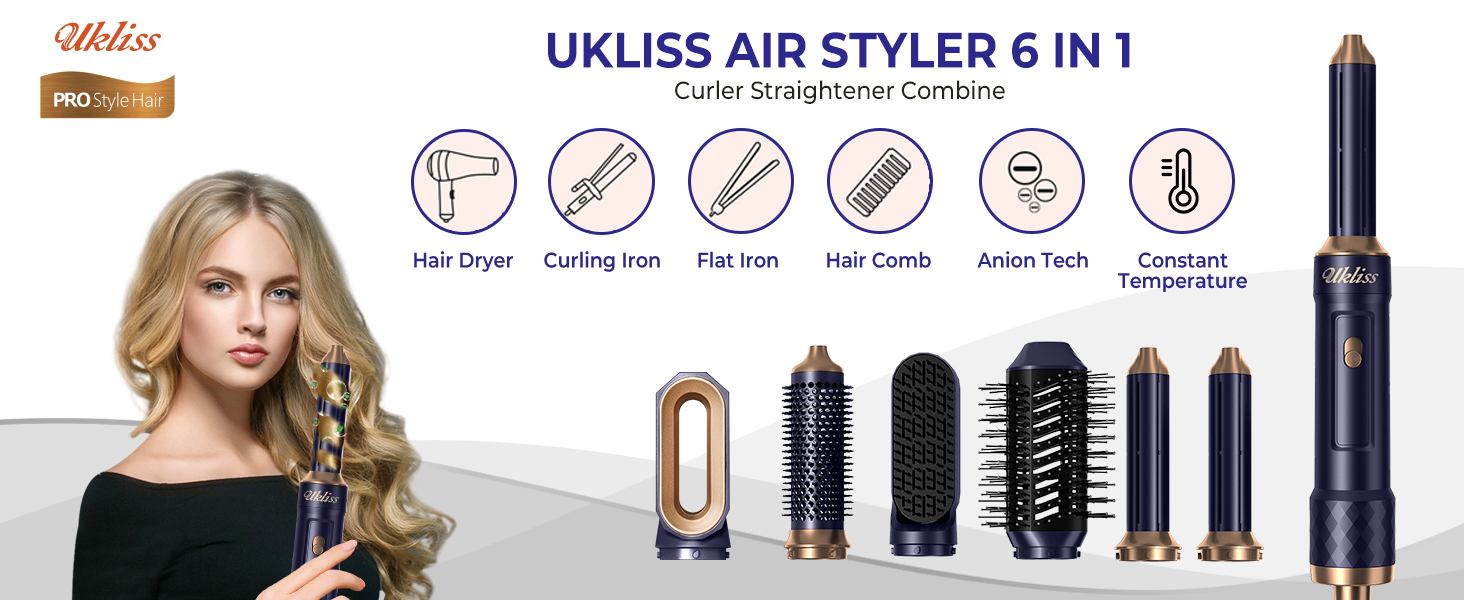 Фен-щітка UKLISS Pro 6-в-1: стайлер для волосся, об'єм, локони, сушка, термощітка, білий/блакитний