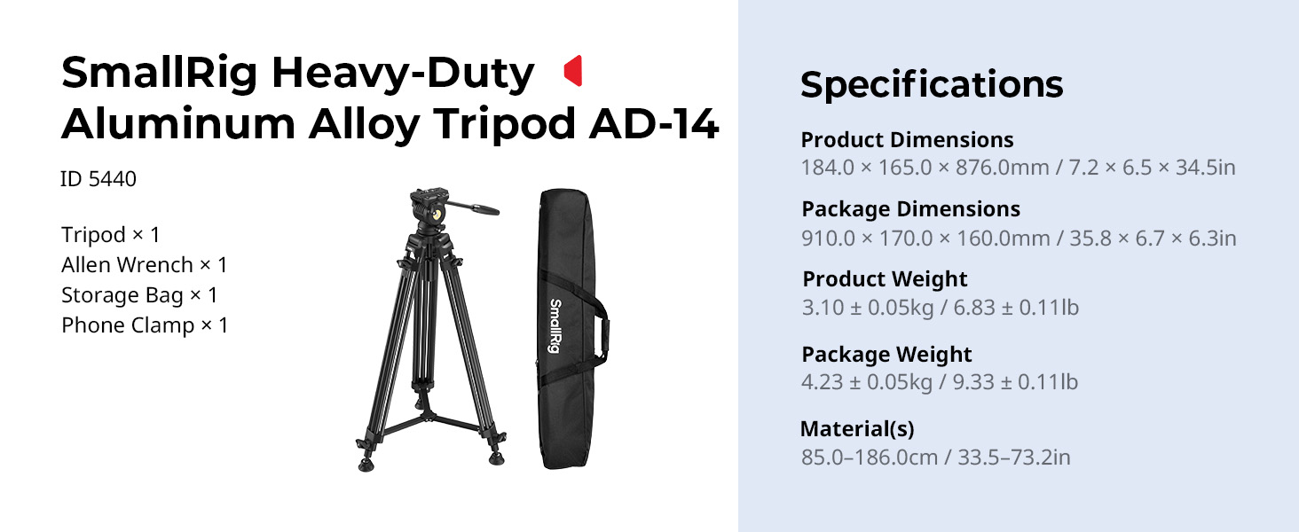 SMALLRIG Статив відеозйомки 73'' з алюмінієвого сплаву, 8кг, QR Plate Manfrotto 501PL, 186см