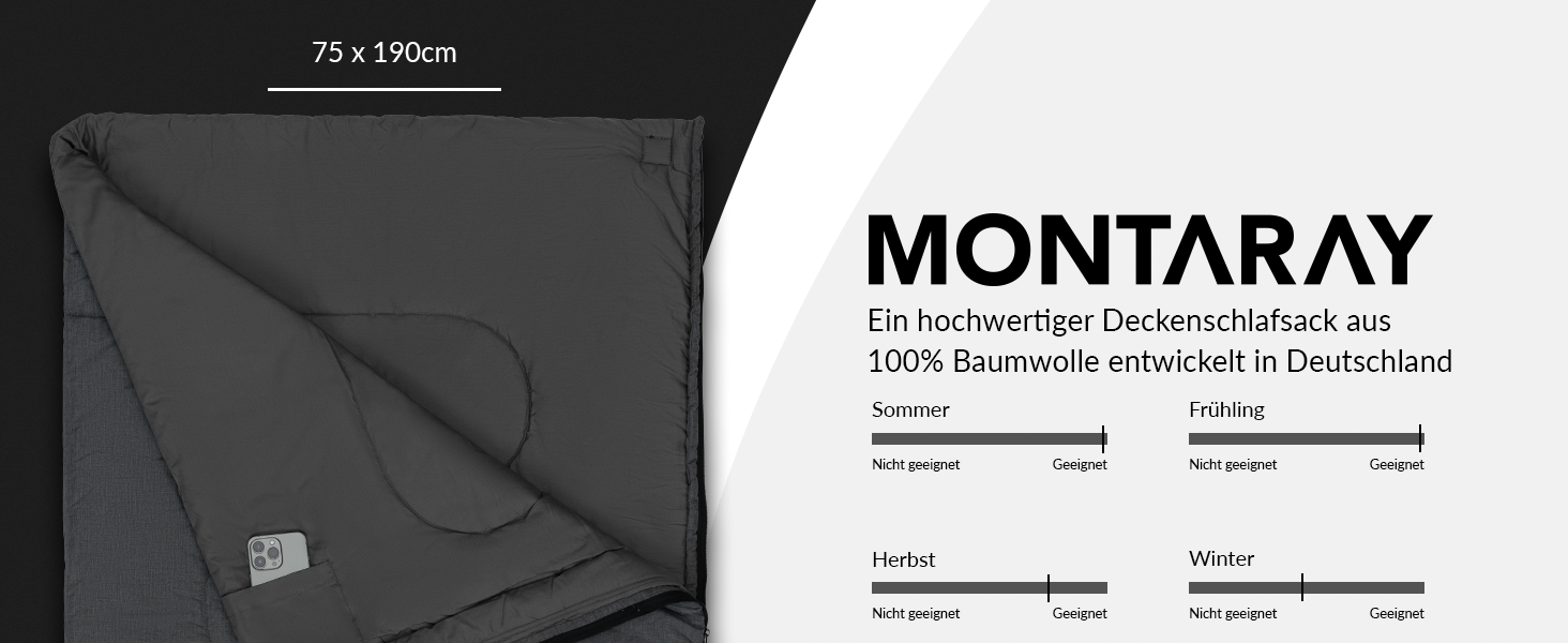 MONTARAY® 100% Cotton Sleeping Bag - Warm Outdoor Winter & Summer Sleeping Bag for 3-4 Seasons - Includes Pillow - Hut Sleeping Bag for Men & Women (75x190cm) - Grey