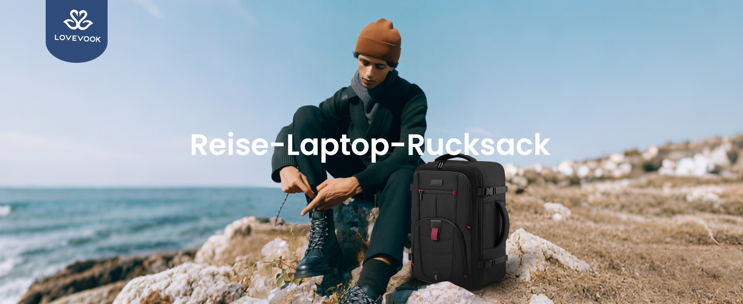LOVEVOOK Рюкзак для ручної поклажі, дорожній рюкзак чоловічий/жіночий, 40л, з відділенням для ноутбука, чорний (45 x 32 x 20 см)