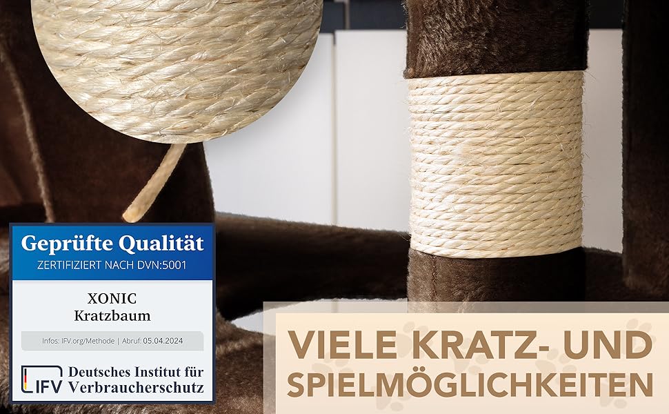 Кігтеточка для котів Foxdevil від xonic® - стабільна, багатофункціональна, з платформою, гамаком, будиночком, іграшкою, 141 см (Коричнева V1)