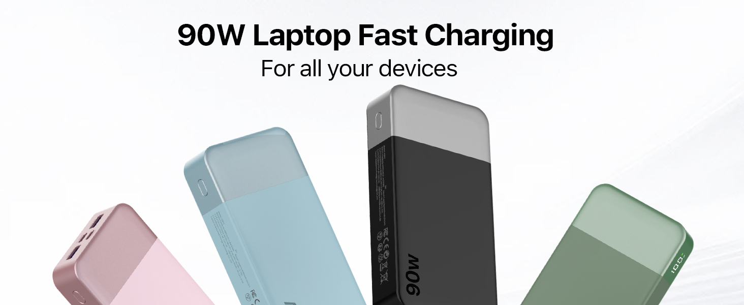 Потужний павербанк NOBIS 20000mAh 90W з підтримкою швидкої зарядки, 4 порти USB-C/USB-A для ноутбуків Dell, Lenovo, Steam Deck та смартфонів Samsung Galaxy, чорний