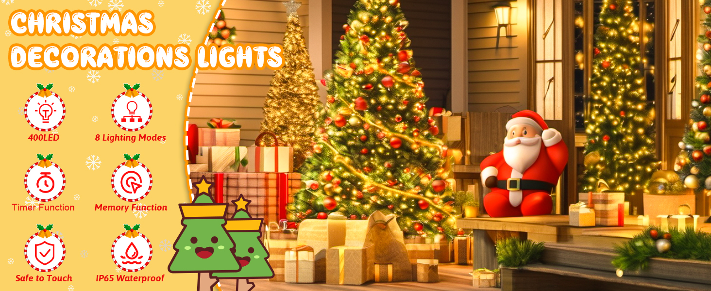 Льо́хкова гірлянда на Різдво, 200 LED, з таймером, 8 режимів, вологостійка, 40м, тепле біле світло для прикраси ялинки, саду, дому