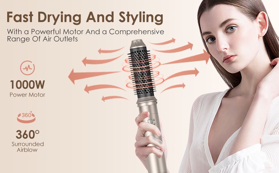 Набір для укладки волосся Airstyler Set: професійний фен-щітка 1000W, 5 насадок, автоматична завивка, випрямлення, об'єм, мультистайл, колір шампань