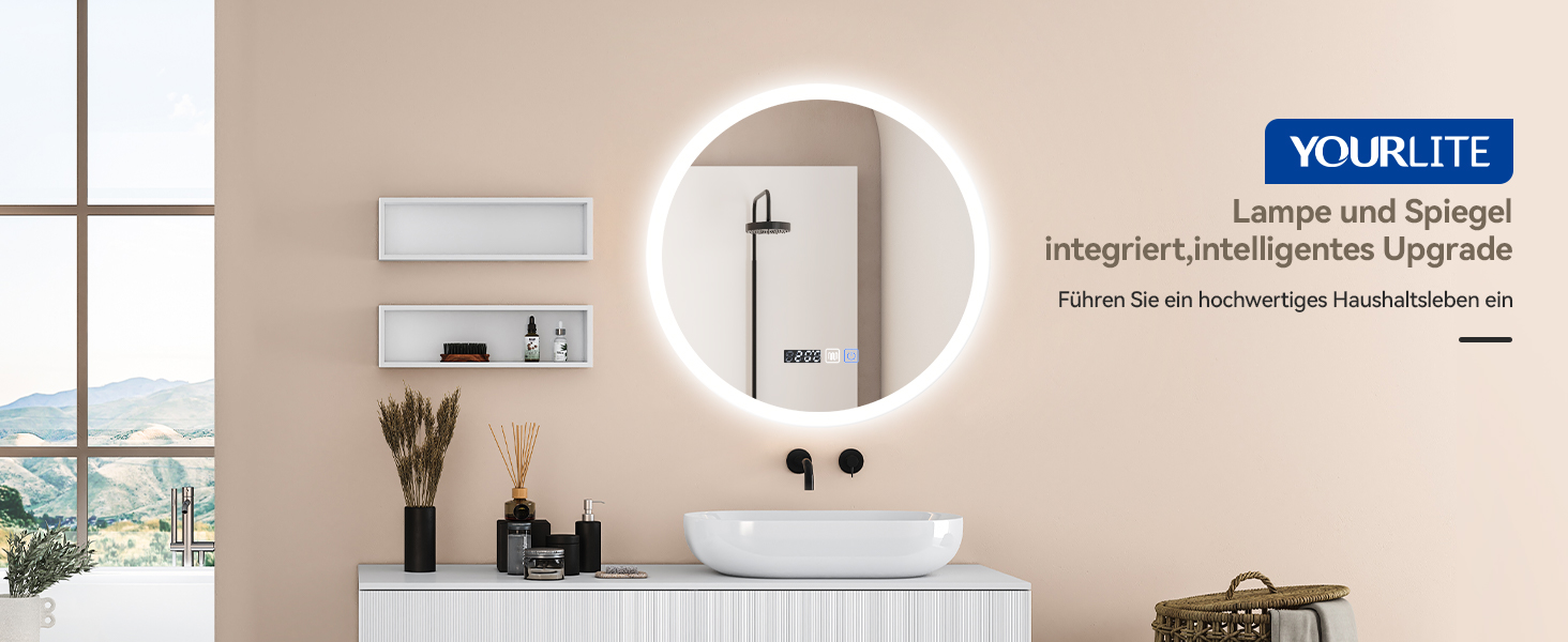 Дзеркало для ванної кімнати YOURLITE з підсвічуванням, діаметр 60 см, LED, сенсорне керування, 3 кольори світла, регулювання яскравості, антизапар, пам'ять, годинник, білий