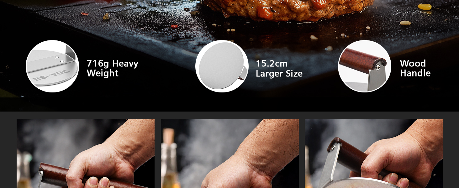 Пресс для бургера з нержавіючої сталі з дерев'яною ручкою, 15.24 см - Burger Smasher для смаження м'яса, стейків, бекону, подарунок