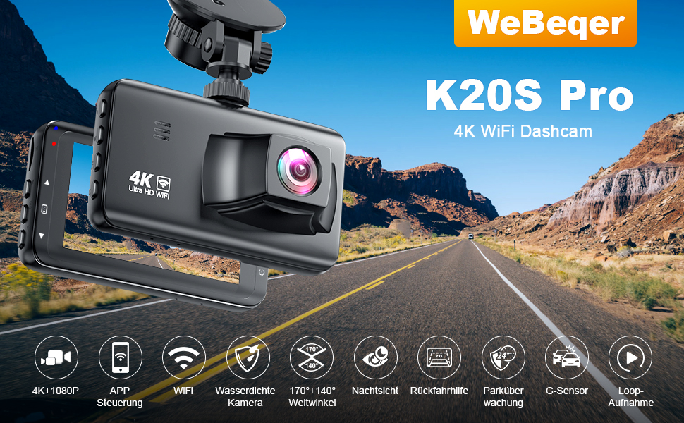 Відеореєстратор у машину Dashcam 4K з двома камерами, WiFi, 64GB SD карта, паркувальний асистент, нічне бачення, 170°+140° кут огляду, 3' IPS дисплей, G-сенсор, циклічна запис, паркування, підтримка карт до 256GB