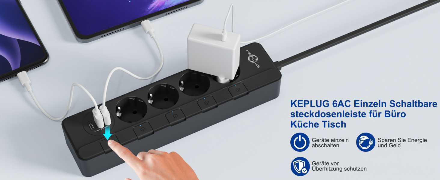 Мережевий фільтр KEPLUG з USB (4000W, 16A) - 6 розеток, 3 USB, індивідуальне вмикання, захист від дітей, 2м кабель, чорний
