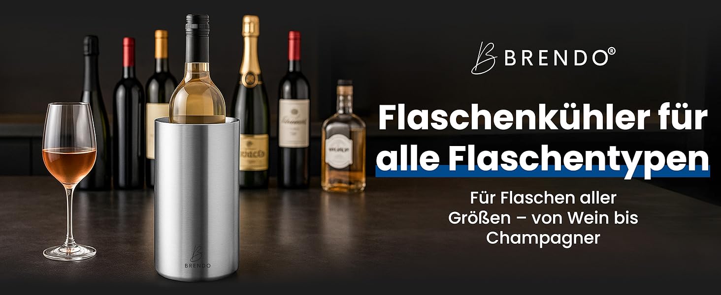 Охолоджувач для пляшок та шампанського Brendo Weinkühler Edelstahl - подвійний, ізольований, срібляний | Охолоджувач для вина, шампанського, белого вина | Подарунковий набір для чоловіків та жінок