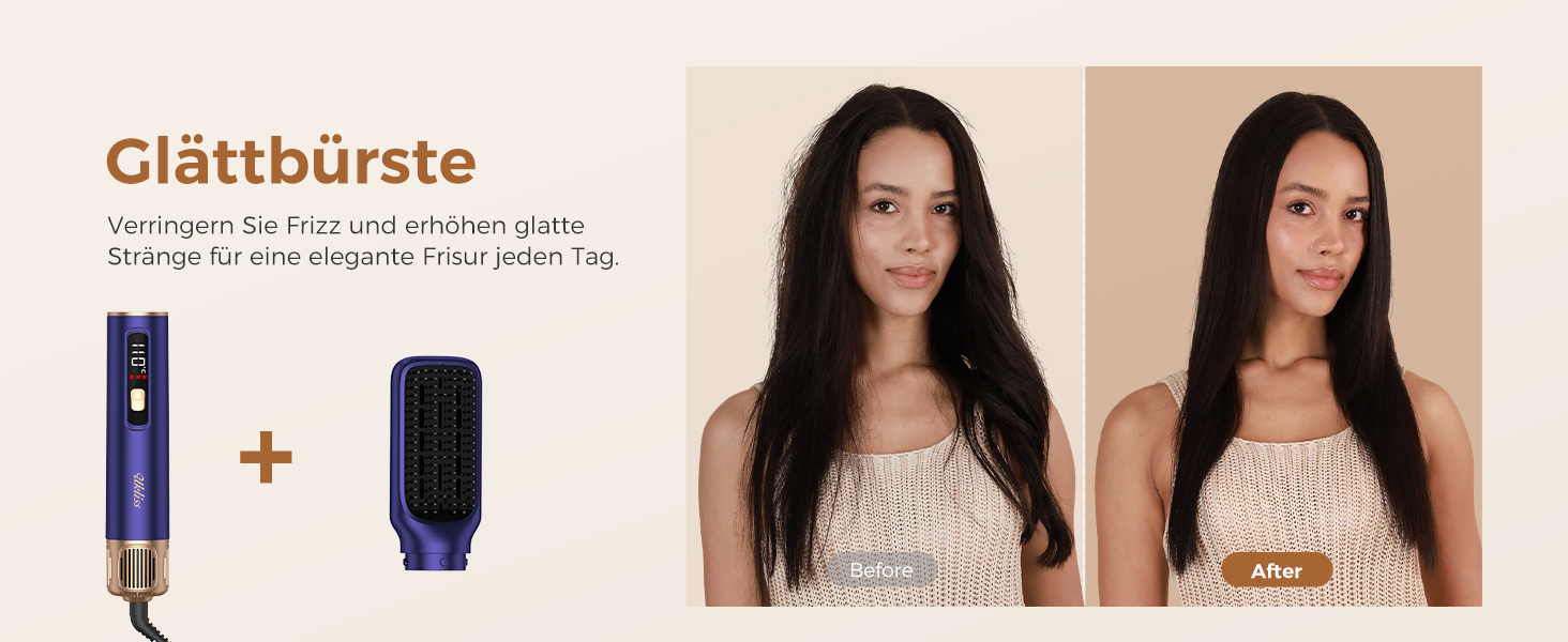 Мультистайлер для волосся 6 в 1 UKLISS Air Styler Set з дифузором, фен-щітка та вирівнювач для волосся, 1000 Вт, LCD-дисплей, Gold Blau