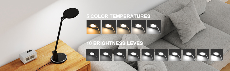 JUKSTG LED Desk Lamp - 12W Adjustable Office Table Lamp with Touch Control, Dimming, 10 Brightness Levels, 5 Color Modes, Eye Protection for Reading, Work, Kids - White/Black