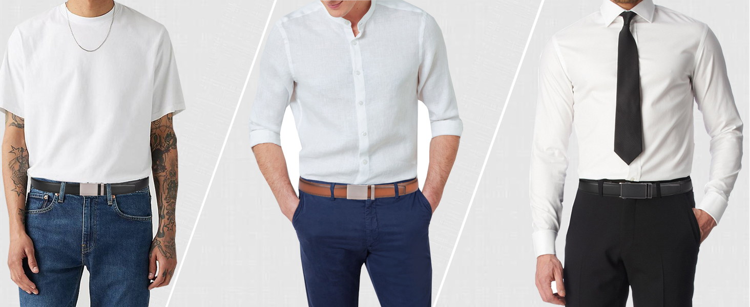 Чоловічий шкіряний ремінь VRLEGEND з автоматичною пряжкою (ратинг) без дірок для бізнесу/костюма, регульований розмір, з подарунковою коробкою, чорний