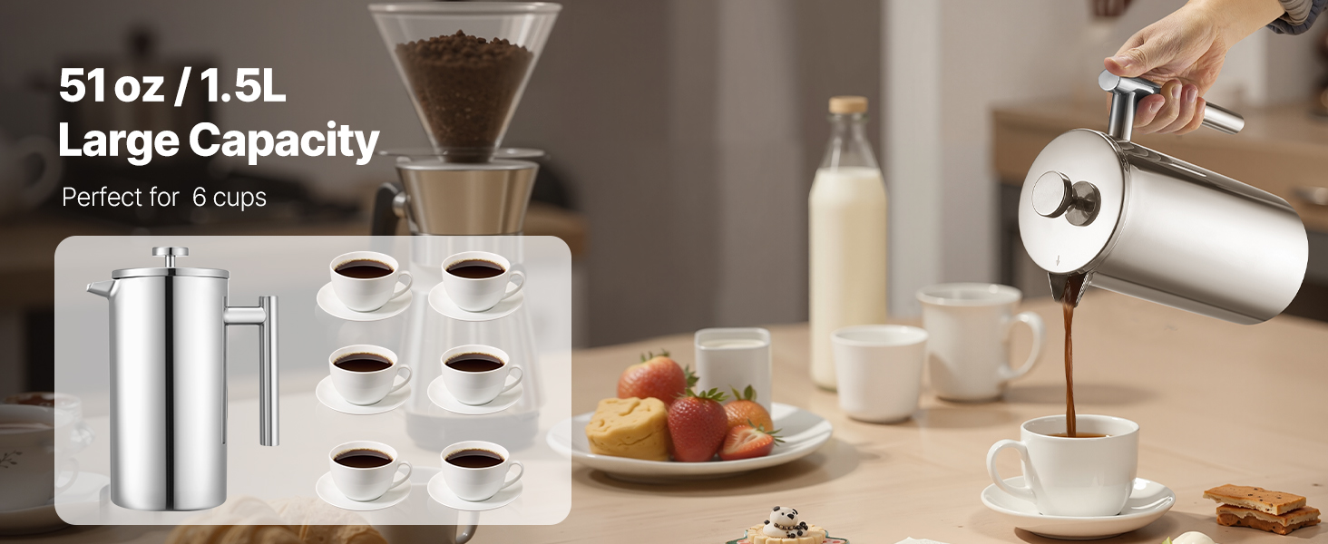 Френч-прес VEVOR 1,5 л з нержавіючої сталі - кавова преса, чайник з фільтром, для кемпінгу, подорожей, кухні, срібний