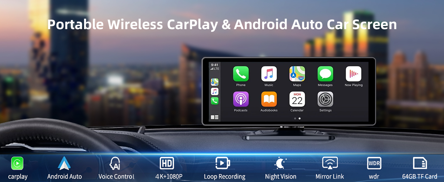 10.26-дюймовий бездротовий дисплей CarPlay/Android Auto для авто з 4K відеореєстратором, 1080P камерою заднього виду, GPS, Bluetooth, FM, 64 ГБ, підтримка Siri/Google Assistant, Mirror Link