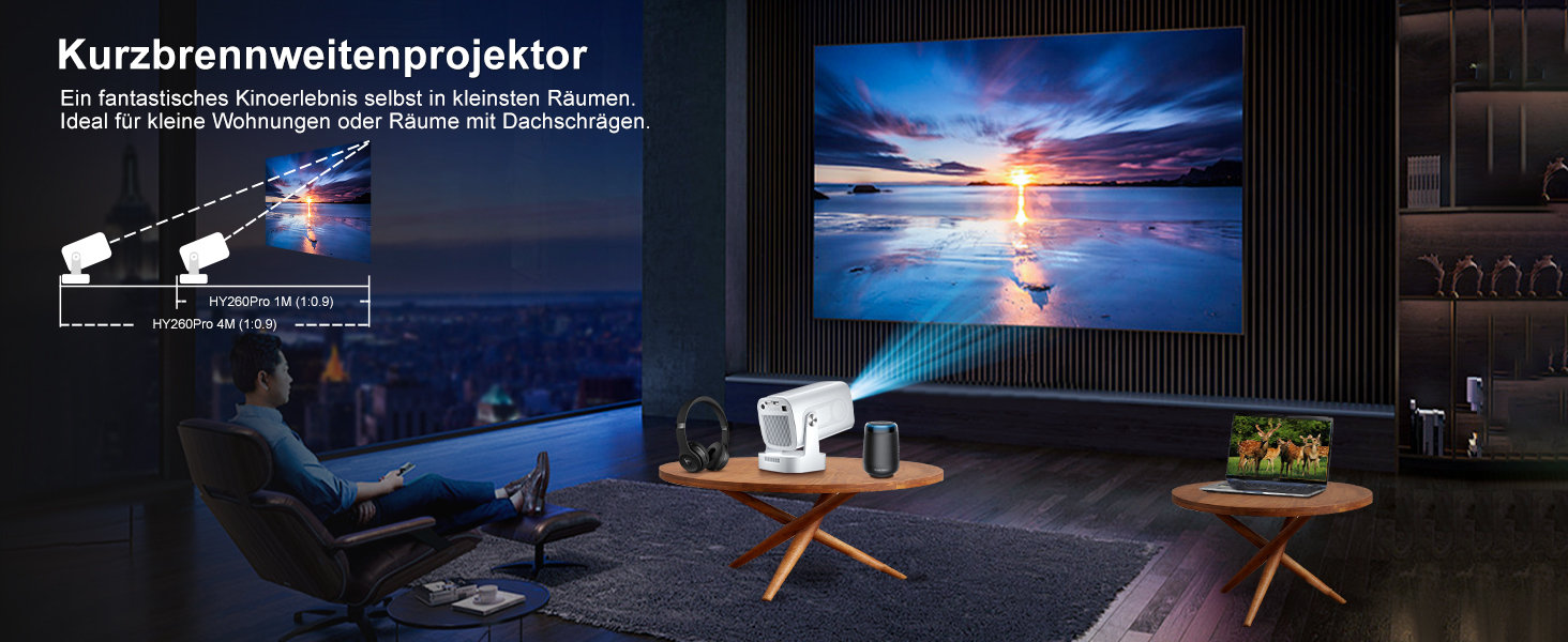 Beamer 4K HY260pro: Міні проєктор 4K з Wi-Fi 6, Bluetooth 5.4, Android TV, 180° обертання, 18000 люмен, 5W динамік для дому та відпочинку на природі