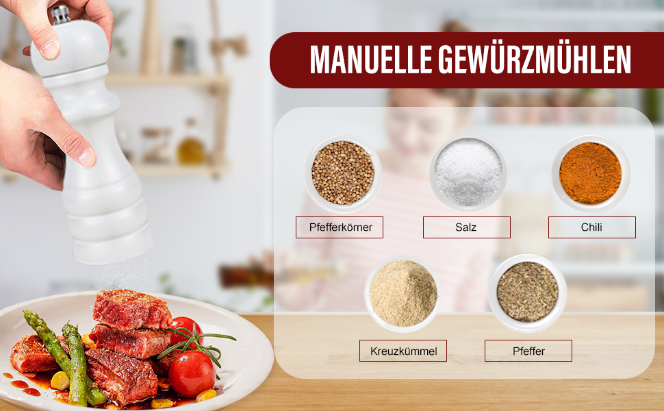 Набір для солі та перцю: ручні млини для перцю та солі, чорного кольору, великі. Дерев'яні млини для спецій з регульованою керамічною помелювальною камерою (від дрібної до грубої). 6,5 дюйми для морської солі, чилі, грубої солі (чорний та білий), 2 шт.